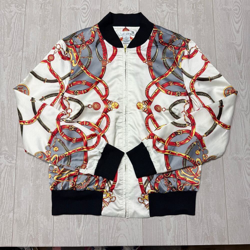 Vintage WD.NY Baroque Equestrian Bomber Jacket Women’s Large Chain Print Zip